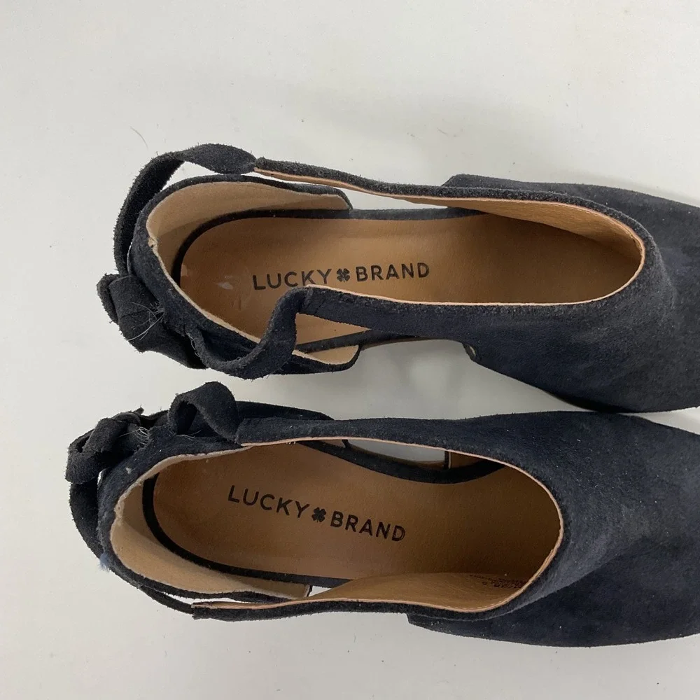 Lucky Brand Womens 8.5 Black Suede Peep Toe Cutout Block Heel Booties Tie Back